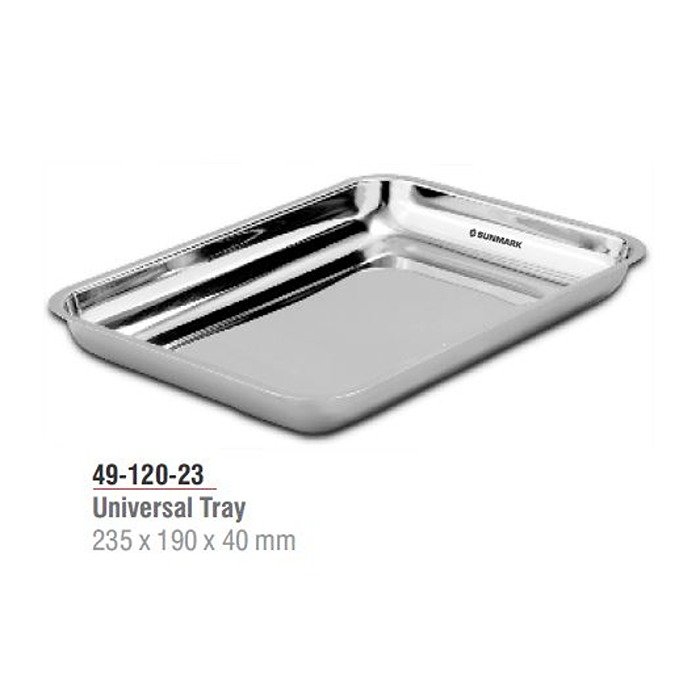 Stainless steel universal tray 235 x 190 x 40 mm for medical and surgical use