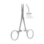 Curved haemostatic forceps, Hartmann pattern, 1x2 teeth, 9.5 cm, stainless steel.