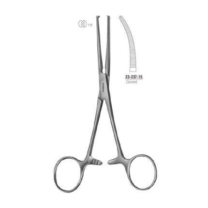 Kocher haemostatic forceps, curved, 1x2 teeth, 15 cm, stainless steel.