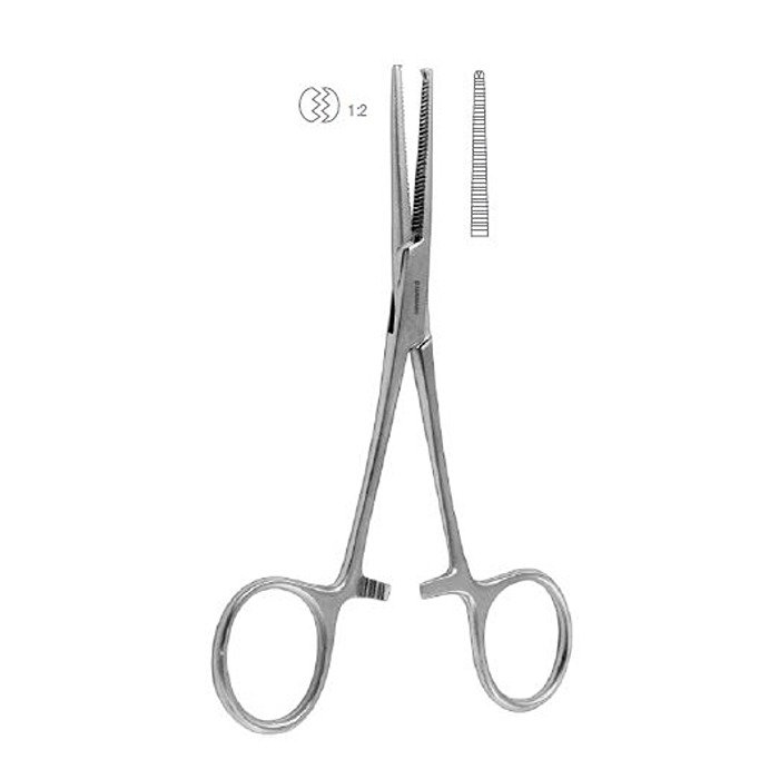 Delicate Kocher haemostatic forceps, straight, 13 cm, stainless steel.