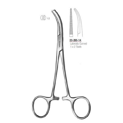 Dandy haemostatic forceps, laterally curved, 14.5 cm, stainless steel.