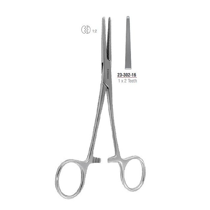 Lovelace haemostatic forceps, straight, cross-serrated, 16 cm, stainless steel.